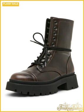 Faux Leather Combat Boot Block Heel Round Toe Ankle Boot